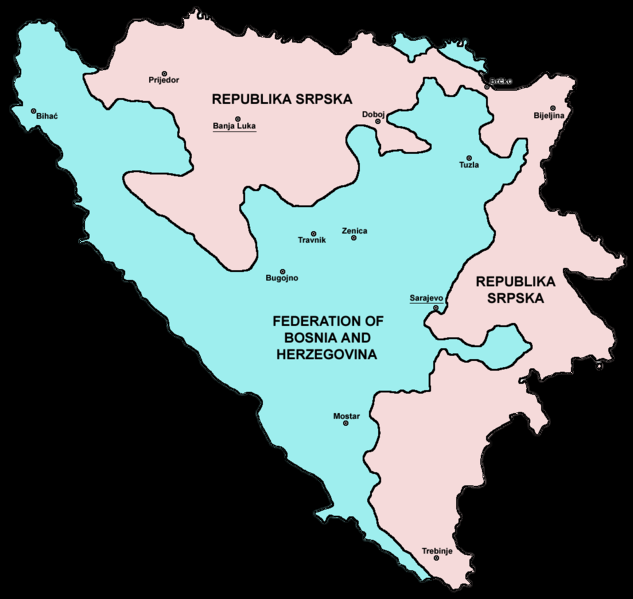 La Bosnia Erzegovina, che non può attribuirsi il titolo di repubblica, è costituita da due entità: la Federazione BH (croato musulmana), 51% del territorio, e la 'Republika Srpska' (Repubblica