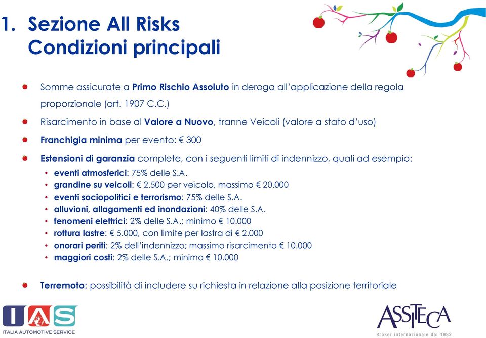 C.) Risarcimento in base al Valore a Nuovo, tranne Veicoli (valore a stato d uso) Franchigia minima per evento: 300 Estensioni di garanzia complete, con i seguenti limiti di indennizzo, quali ad