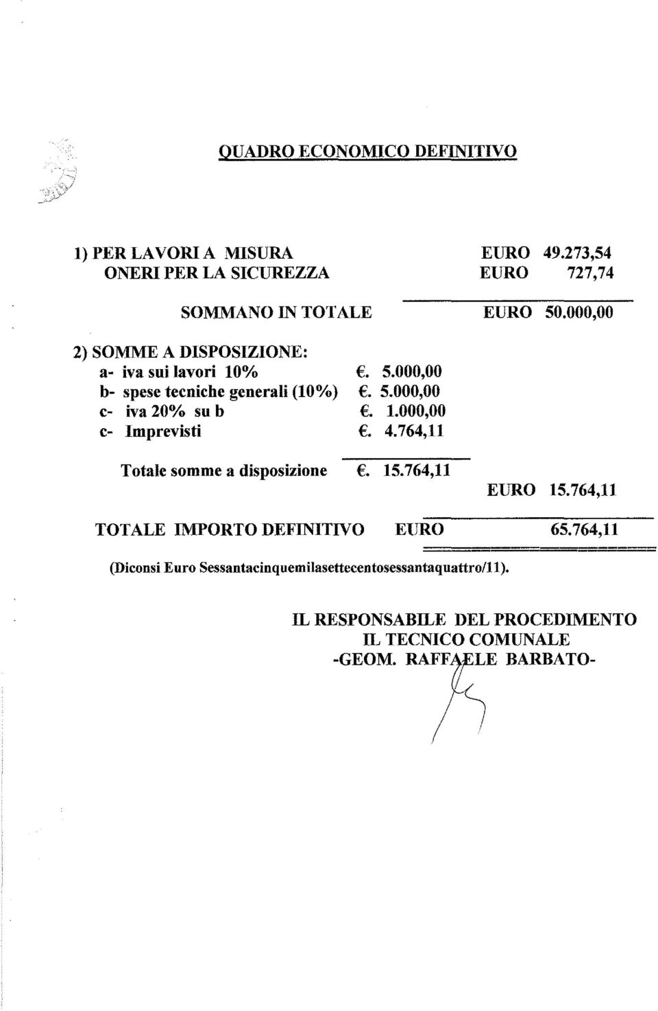 4.764,11 Totale somme a disposizione. 15.764,11 EURO 15.764,11 TOTALE IMPORTO DEFINITIVO EURO 65.