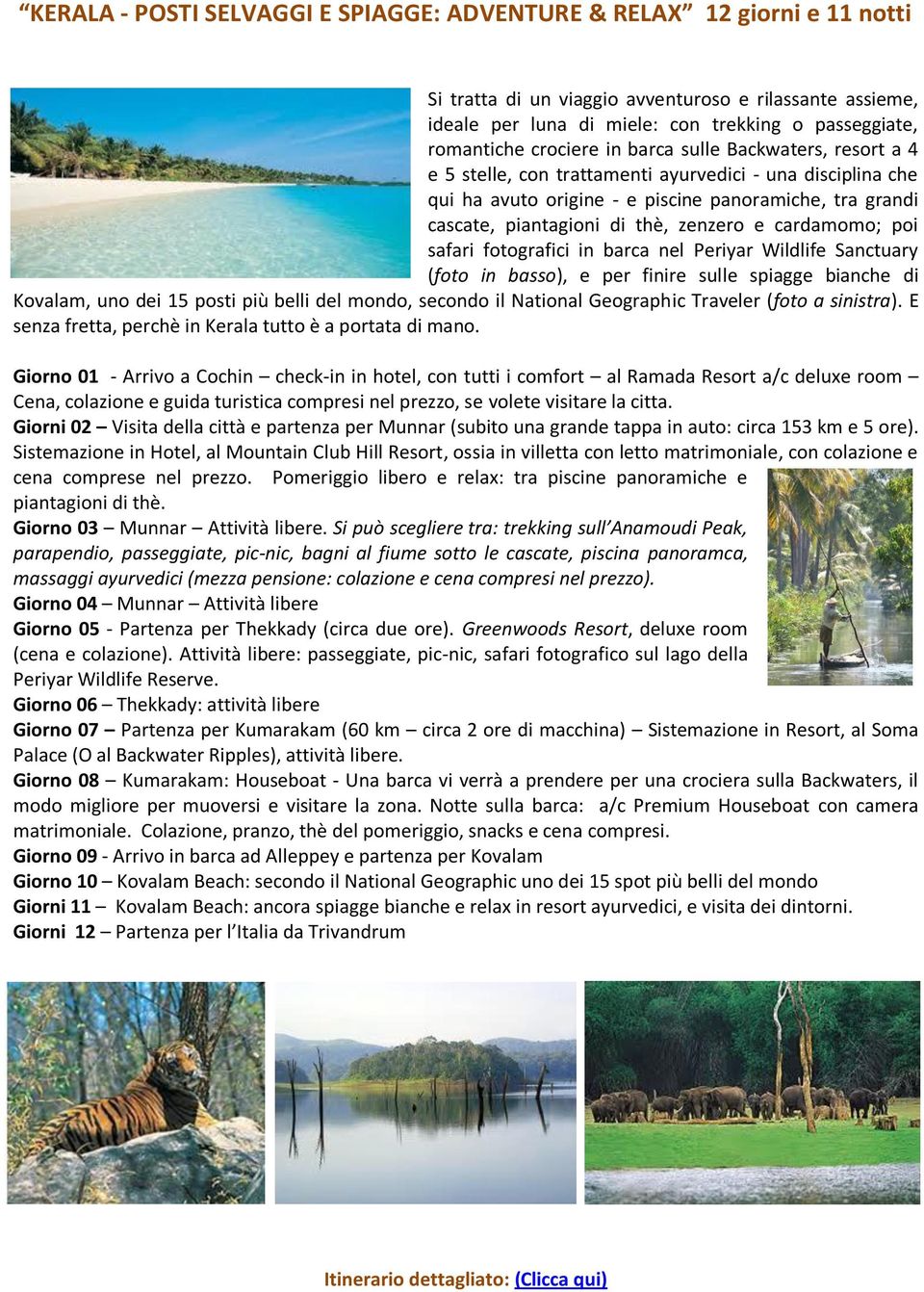 zenzero e cardamomo; poi safari fotografici in barca nel Periyar Wildlife Sanctuary (foto in basso), e per finire sulle spiagge bianche di Kovalam, uno dei 15 posti più belli del mondo, secondo il