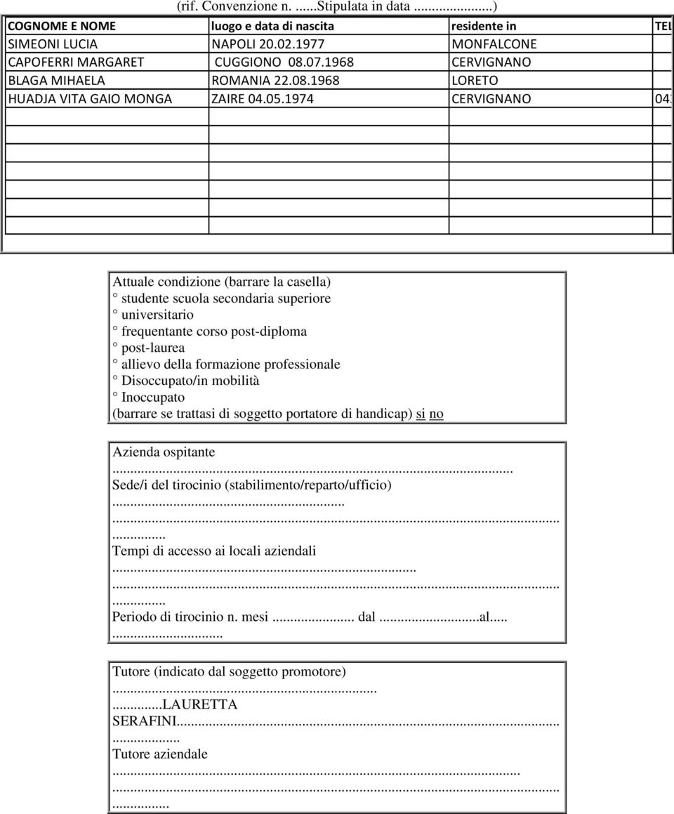 1974 CERVIGNANO 04313 Attuale condizione (barrare la casella) studente scuola secondaria superiore universitario frequentante corso post-diploma post-laurea allievo della formazione professionale