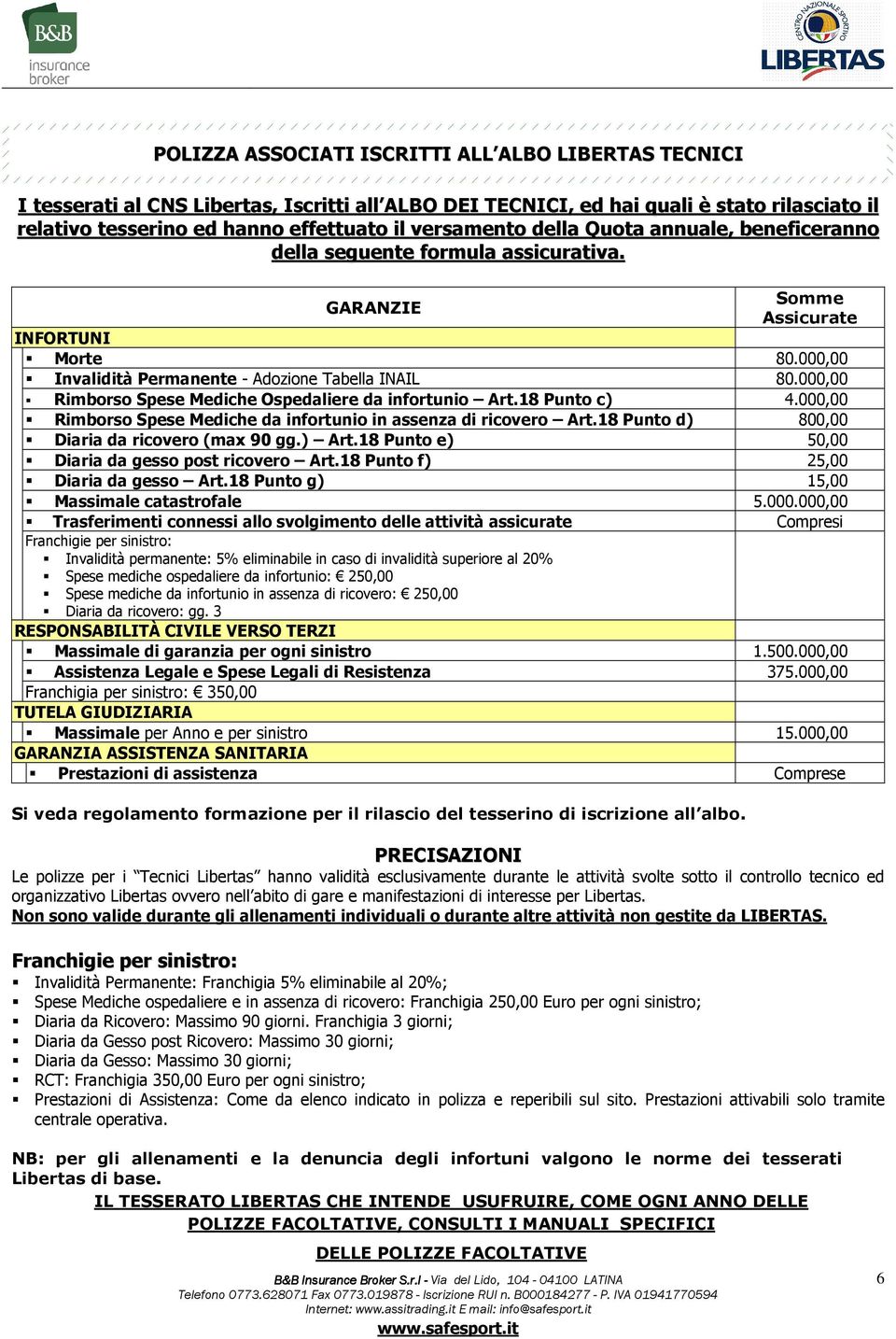 000,00 Rimborso Spese Mediche Ospedaliere da infortunio Art.18 Punto c) 4.000,00 Rimborso Spese Mediche da infortunio in assenza di ricovero Art.18 Punto d) 800,00 Diaria da ricovero (max 90 gg.) Art.