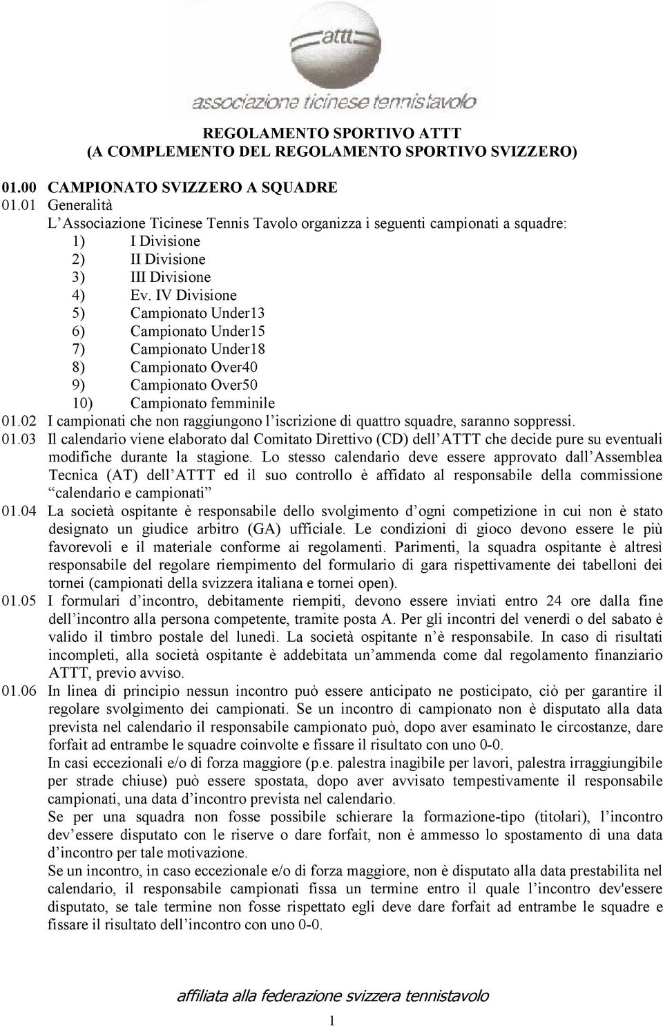 IV Divisione 5) Campionato Under13 6) Campionato Under15 7) Campionato Under18 8) Campionato Over40 9) Campionato Over50 10) Campionato femminile 01.