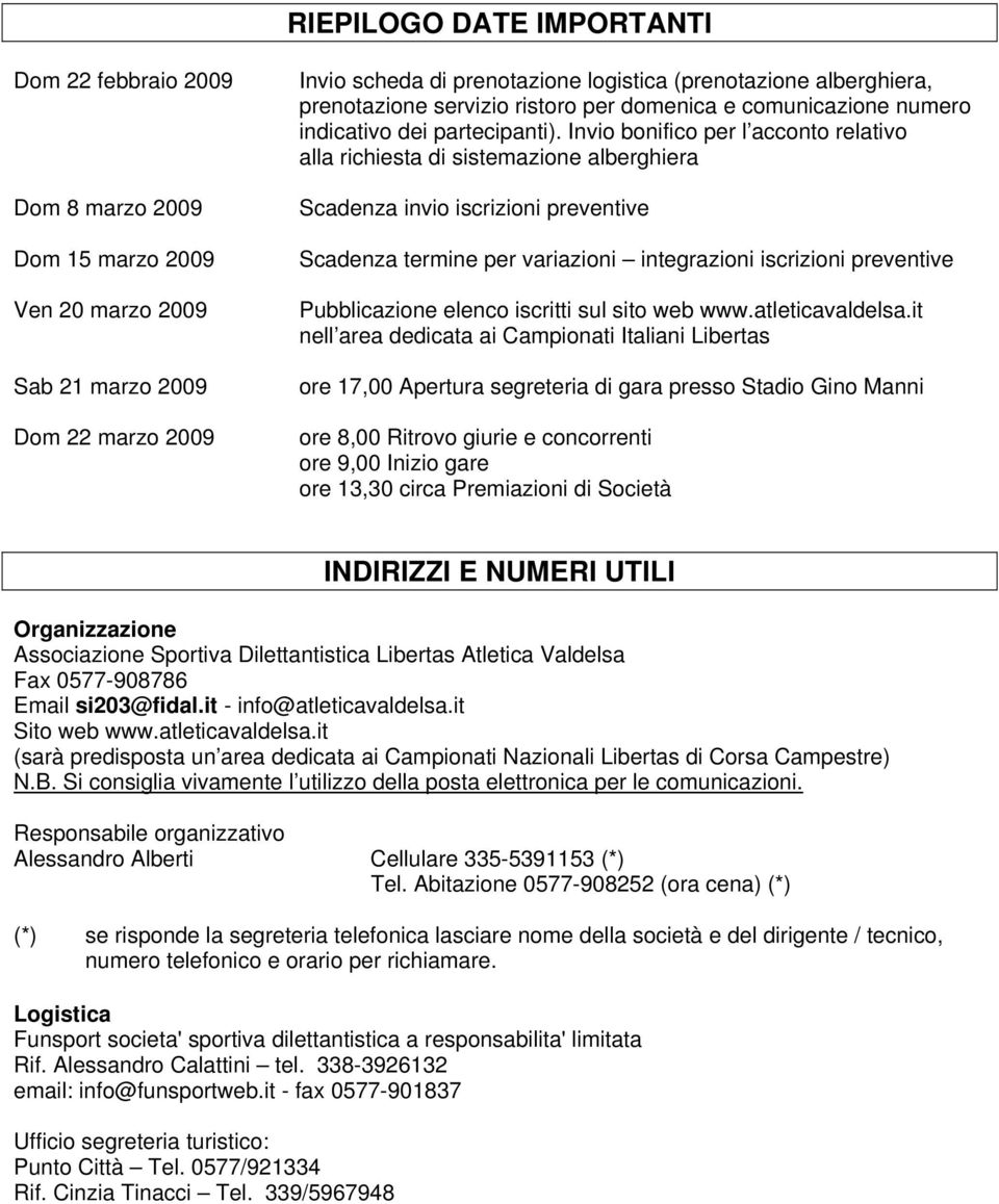 Invio bonifico per l acconto relativo alla richiesta di sistemazione alberghiera Scadenza invio iscrizioni preventive Scadenza termine per variazioni integrazioni iscrizioni preventive Pubblicazione