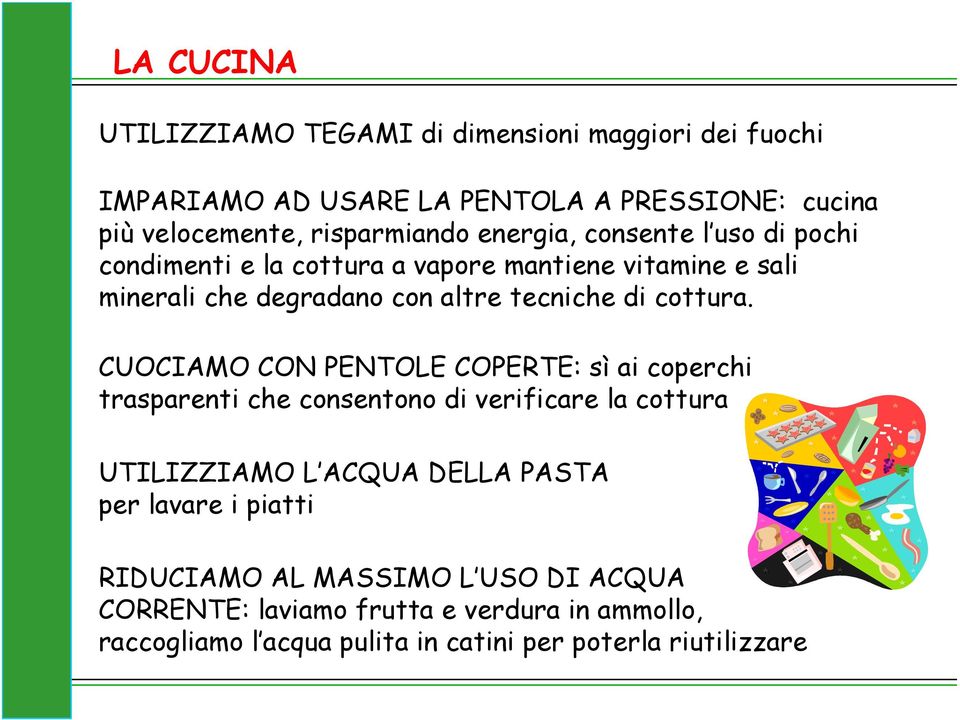 CUOCIAMO CON PENTOLE COPERTE: sì ai coperchi trasparenti che consentono di verificare la cottura UTILIZZIAMO L ACQUA DELLA PASTA per lavare i