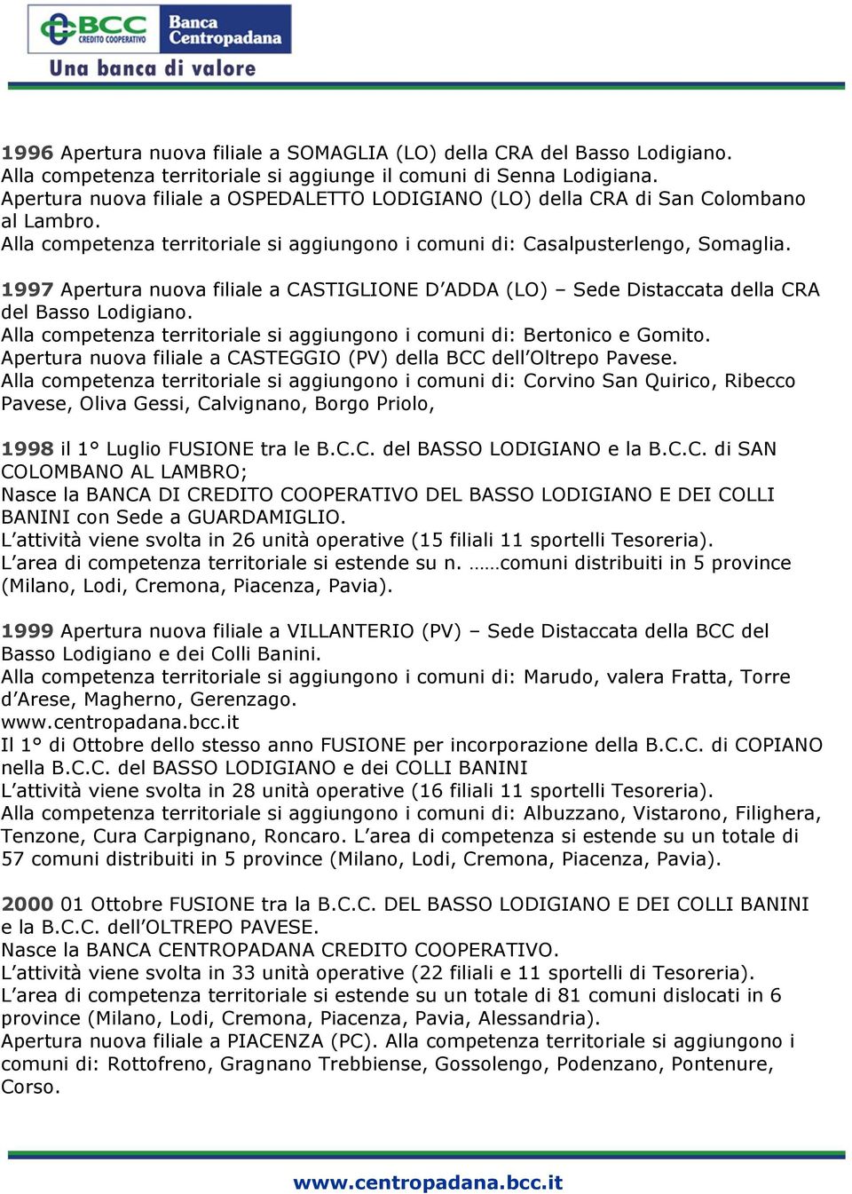 1997 Apertura nuova filiale a CASTIGLIONE D ADDA (LO) Sede Distaccata della CRA del Basso Lodigiano. Alla competenza territoriale si aggiungono i comuni di: Bertonico e Gomito.