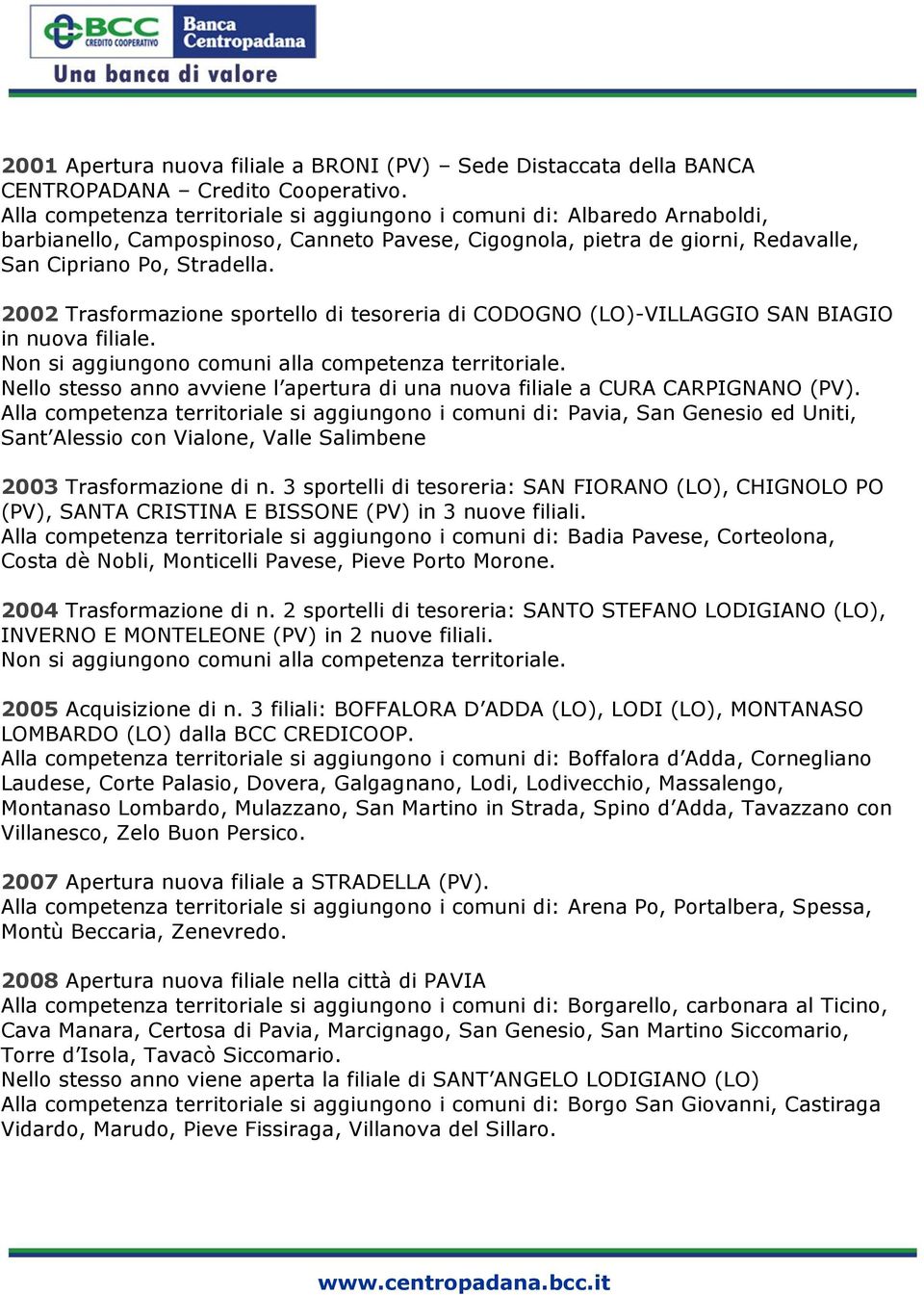 2002 Trasformazione sportello di tesoreria di CODOGNO (LO)-VILLAGGIO SAN BIAGIO in nuova filiale. Nello stesso anno avviene l apertura di una nuova filiale a CURA CARPIGNANO (PV).