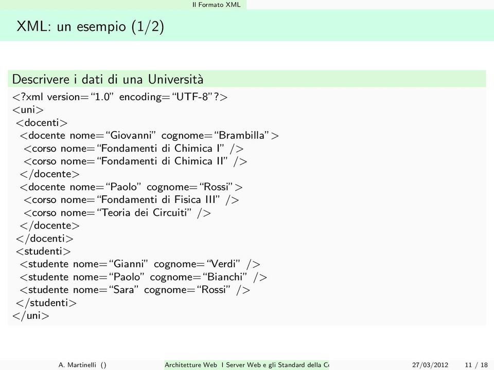 <docente nome= Paolo cognome= Rossi > <corso nome= Fondamenti di Fisica III /> <corso nome= Teoria dei Circuiti /> </docente> </docenti> <studenti> <studente