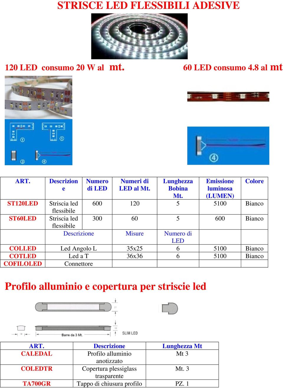 Emissione luminosa (LUMEN) Colore ST20LED Striscia led 600 20 5 500 Bianco flessibile ST60LED Striscia led 300 60 5 600 Bianco flessibile Misure