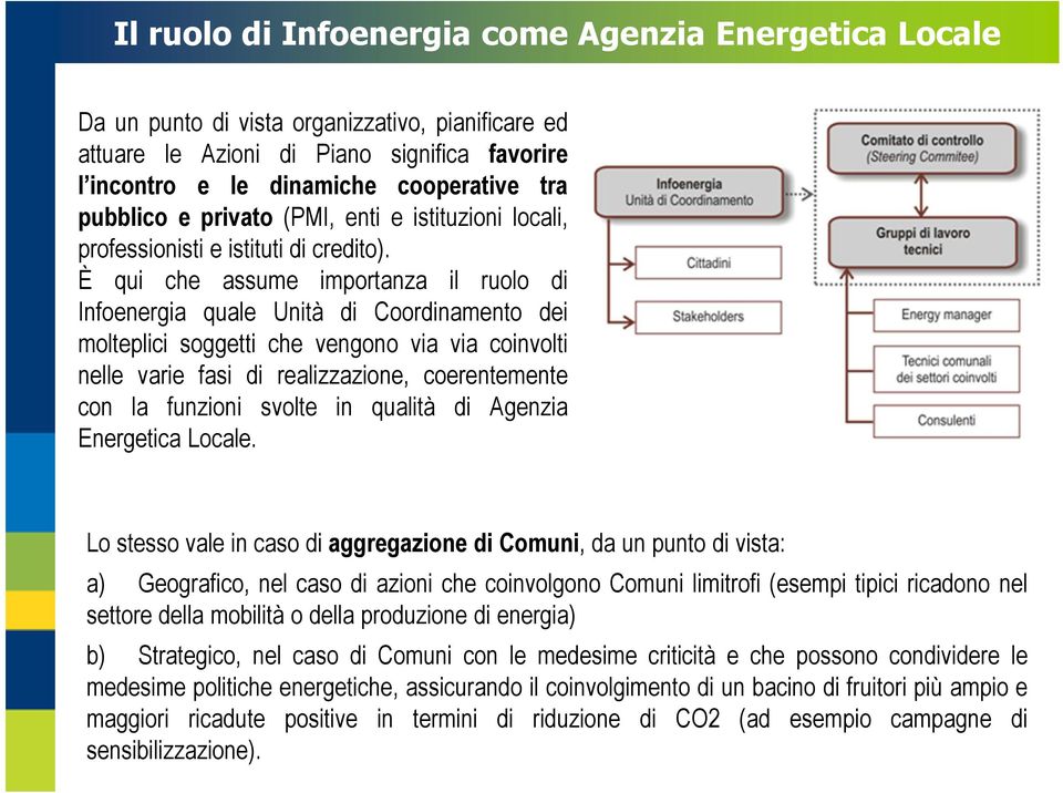 È qui che assume importanza il ruolo di Infoenergia quale Unità di Coordinamento dei molteplici soggetti che vengono via via coinvolti nelle varie fasi di realizzazione, coerentemente con la funzioni