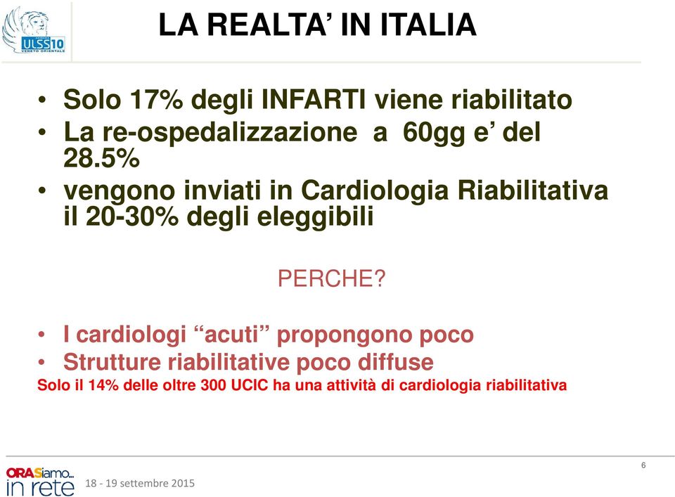 5% vengono inviati in Cardiologia Riabilitativa il 20-30% degli eleggibili PERCHE?