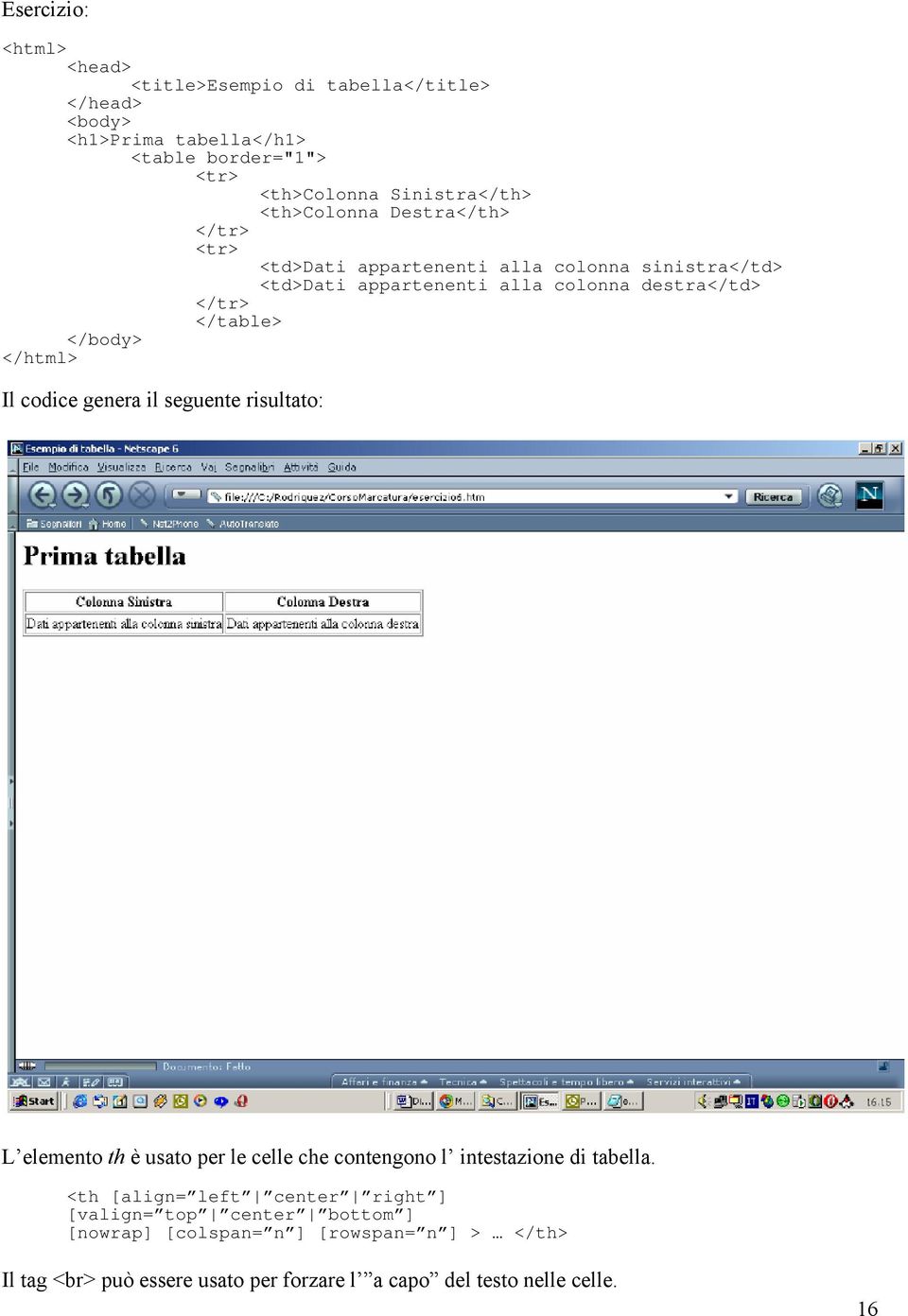</body> </html> Il codice genera il seguente risultato: L elemento th è usato per le celle che contengono l intestazione di tabella.