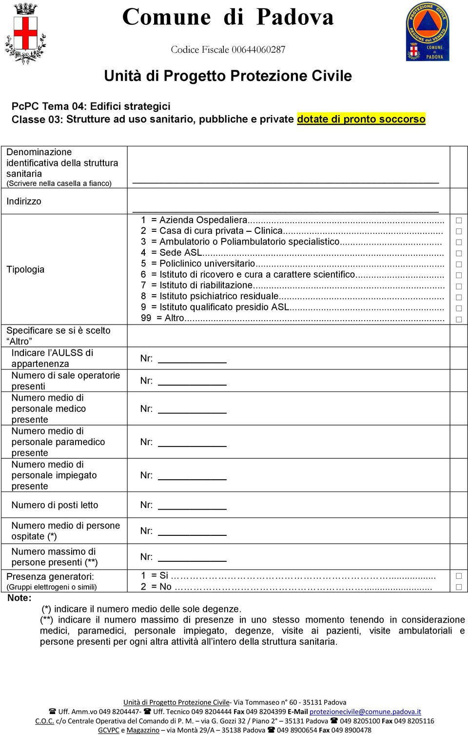 personale impiegato presente Numero di posti letto 1 = Azienda Ospedaliera... 2 = Casa di cura privata Clinica... 3 = Ambulatorio o Poliambulatorio specialistico... 4 = Sede ASL.