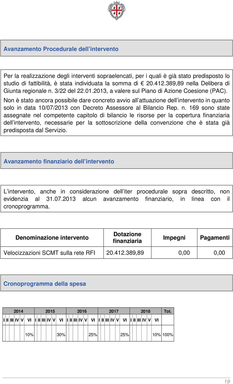 Non è stato ancora possibile dare concreto avvio all attuazione dell intervento in quanto solo in data 10/07/2013 con Decreto Assessore al Bilancio Rep. n.