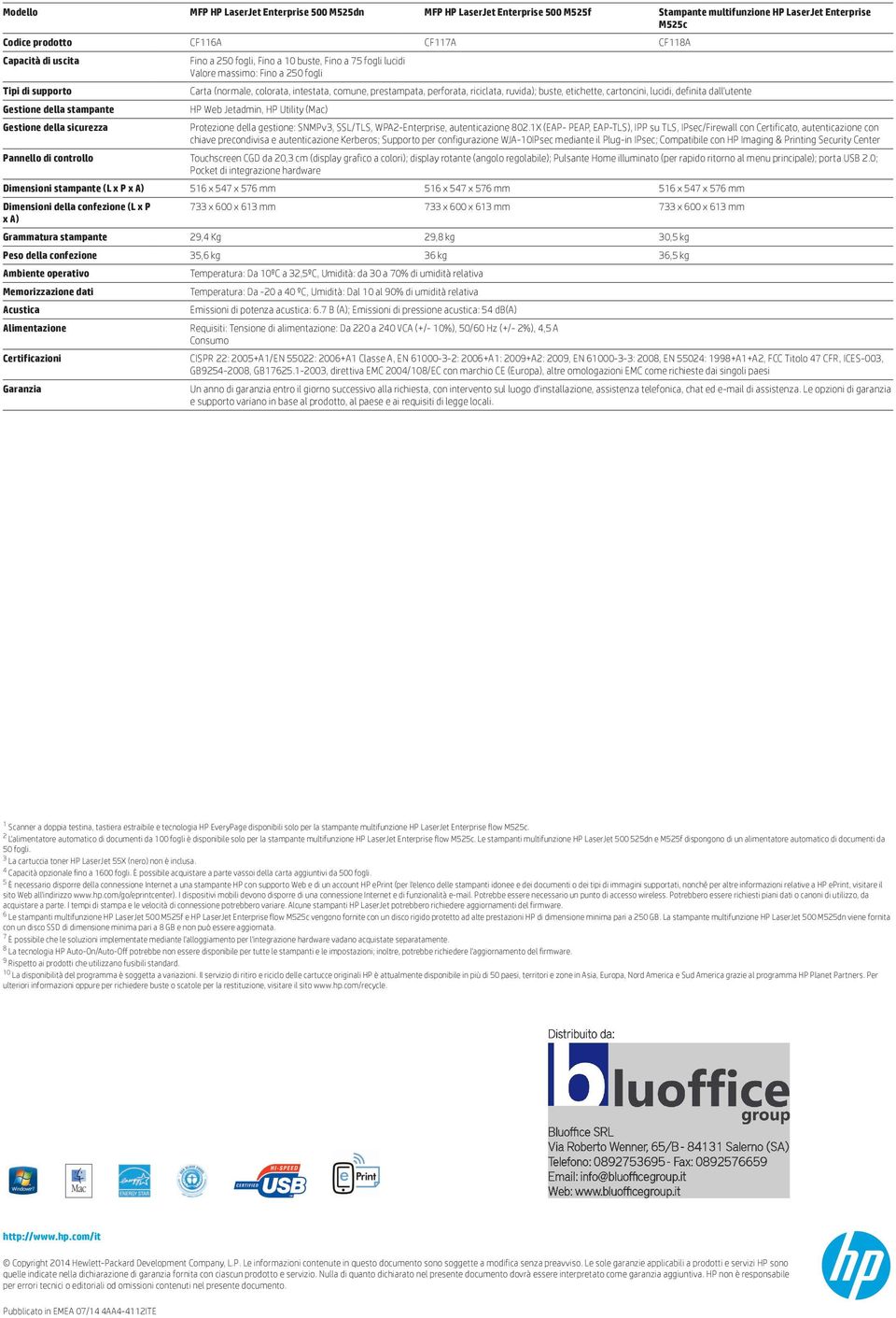 ruvida); buste, etichette, cartoncini, lucidi, definita dall'utente HP Web Jetadmin, HP Utility (Mac) Protezione della gestione: SNMPv3, SSL/TLS, WPA2-Enterprise, autenticazione 802.