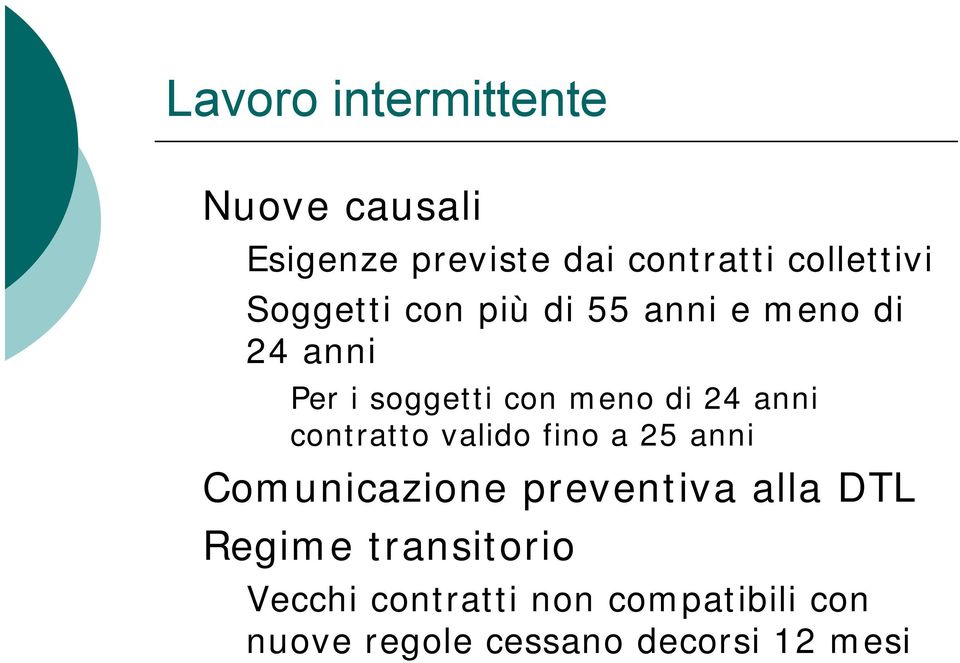 anni contratto valido fino a 25 anni Comunicazione preventiva alla DTL Regime