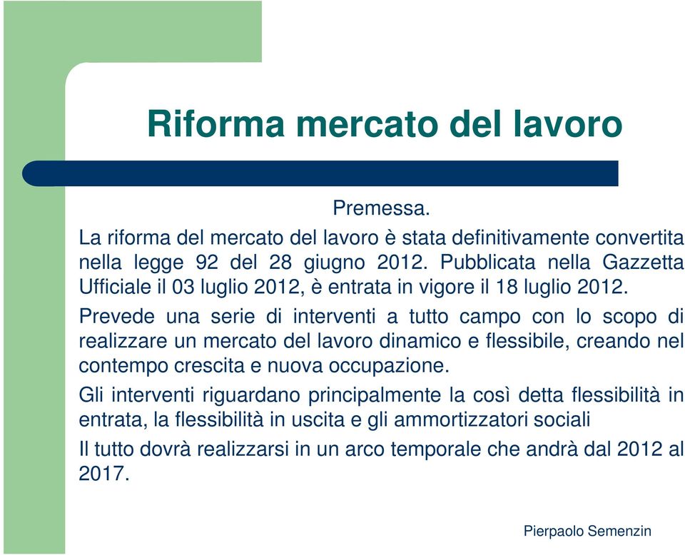 Prevede una serie di interventi a tutto campo con lo scopo di realizzare un mercato del lavoro dinamico e flessibile, creando nel contempo