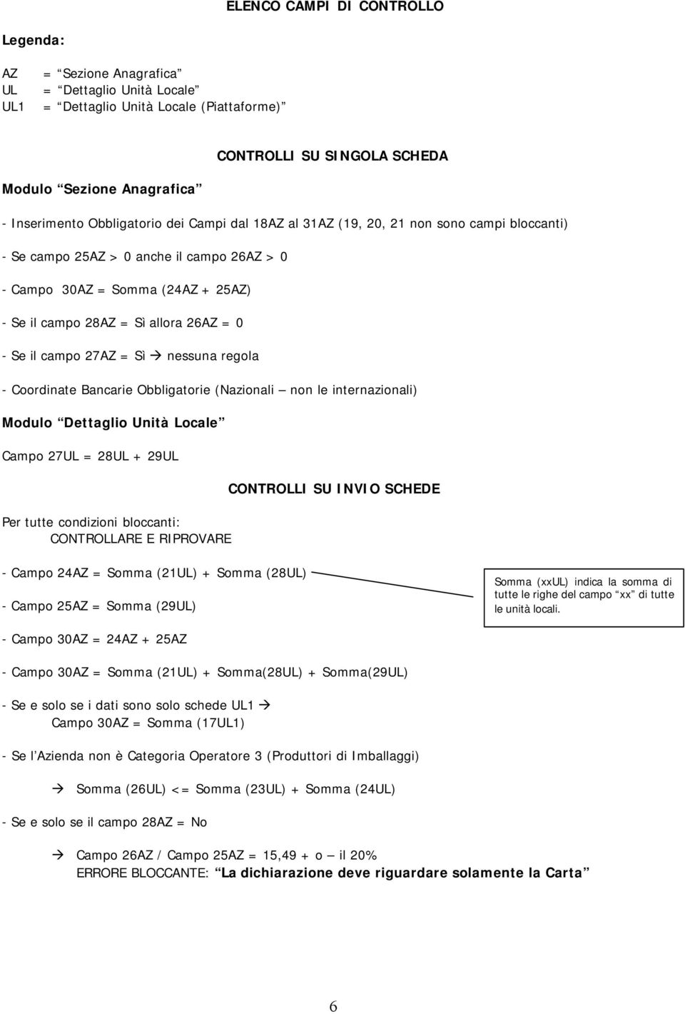 Se il campo 27AZ = Sì nessuna regola - Coordinate Bancarie Obbligatorie (Nazionali non le internazionali) Modulo Dettaglio Unità Locale Campo 27UL = 28UL + 29UL Per tutte condizioni bloccanti: