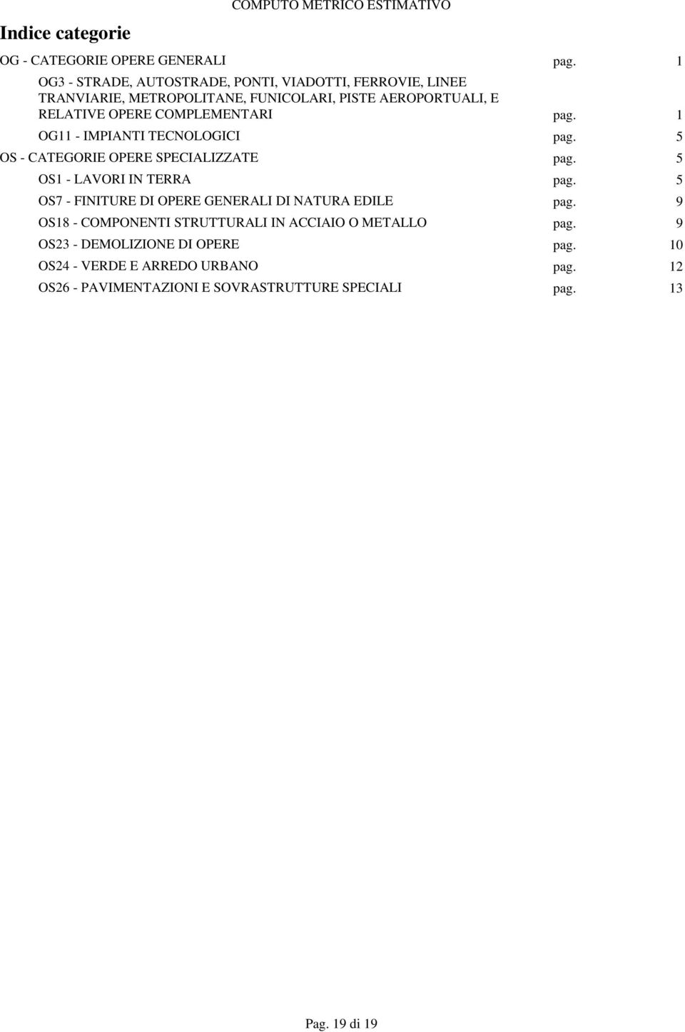 COMPLEMENTARI pag. 1 OG11 - IMPIANTI TECNOLOGICI pag. 5 OS - CATEGORIE OPERE SPECIALIZZATE pag. 5 OS1 - LAVORI IN TERRA pag.