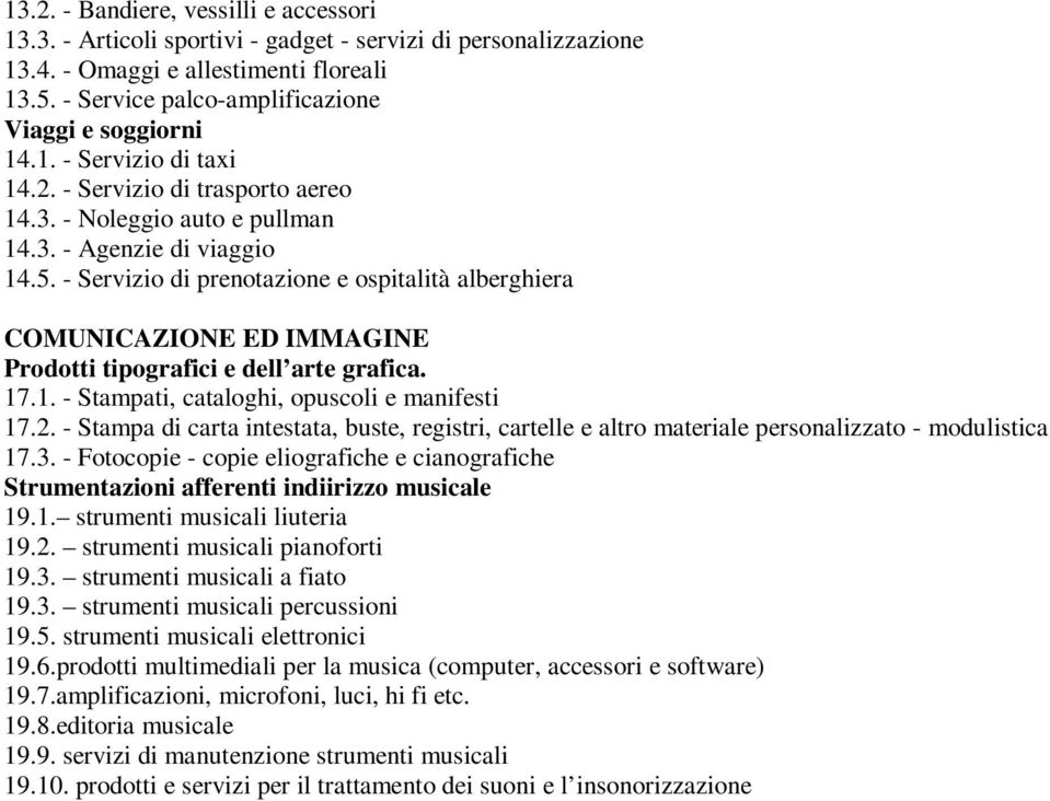 - Servizio di prenotazione e ospitalità alberghiera COMUNICAZIONE ED IMMAGINE Prodotti tipografici e dell arte grafica. 17.1. - Stampati, cataloghi, opuscoli e manifesti 17.2.