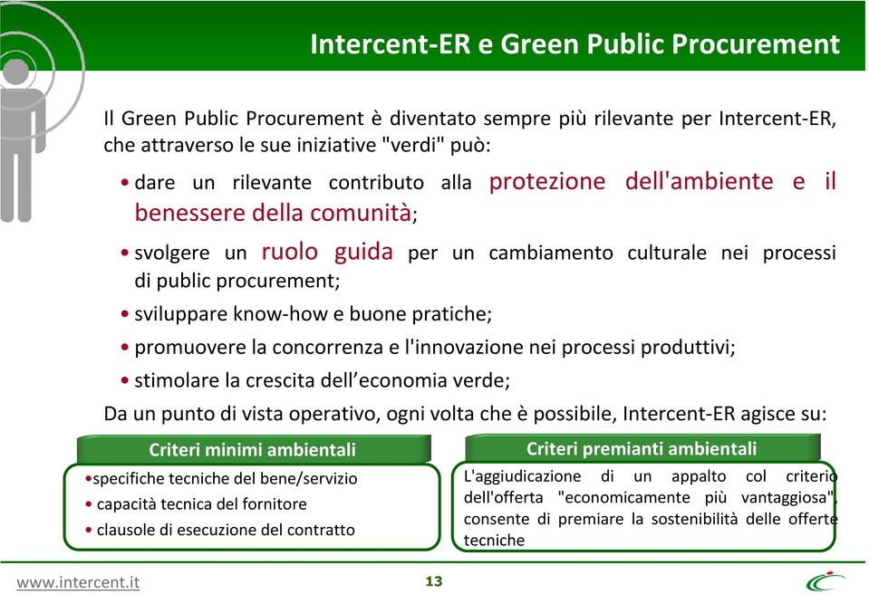 concorrenza e l'innovazione nei processi produttivi; stimolare la crescita dell economia verde; Da un punto di vista operativo, ogni volta che è possibile, Intercent-ER agisce su: Criteri minimi