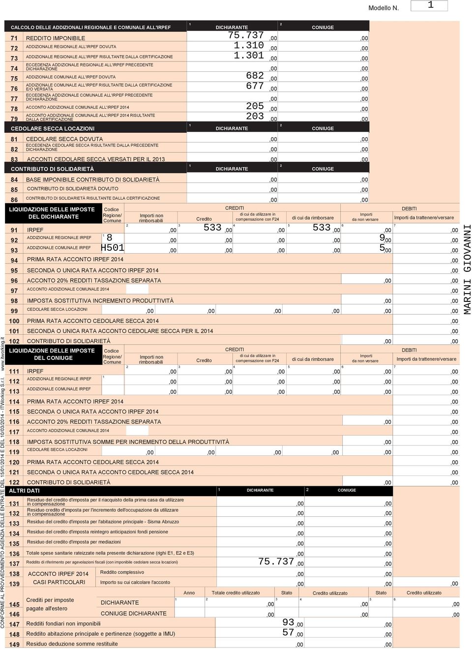 ADDIZIONALE REGIONALE ALL'IRPEF PRECEDENTE DICHIARAZIONE ADDIZIONALE COMUNALE ALL'IRPEF DOVUTA ADDIZIONALE COMUNALE ALL'IRPEF RISULTANTE DALLA CERTIFICAZIONE 6 E/O VERSATA ECCEDENZA ADDIZIONALE