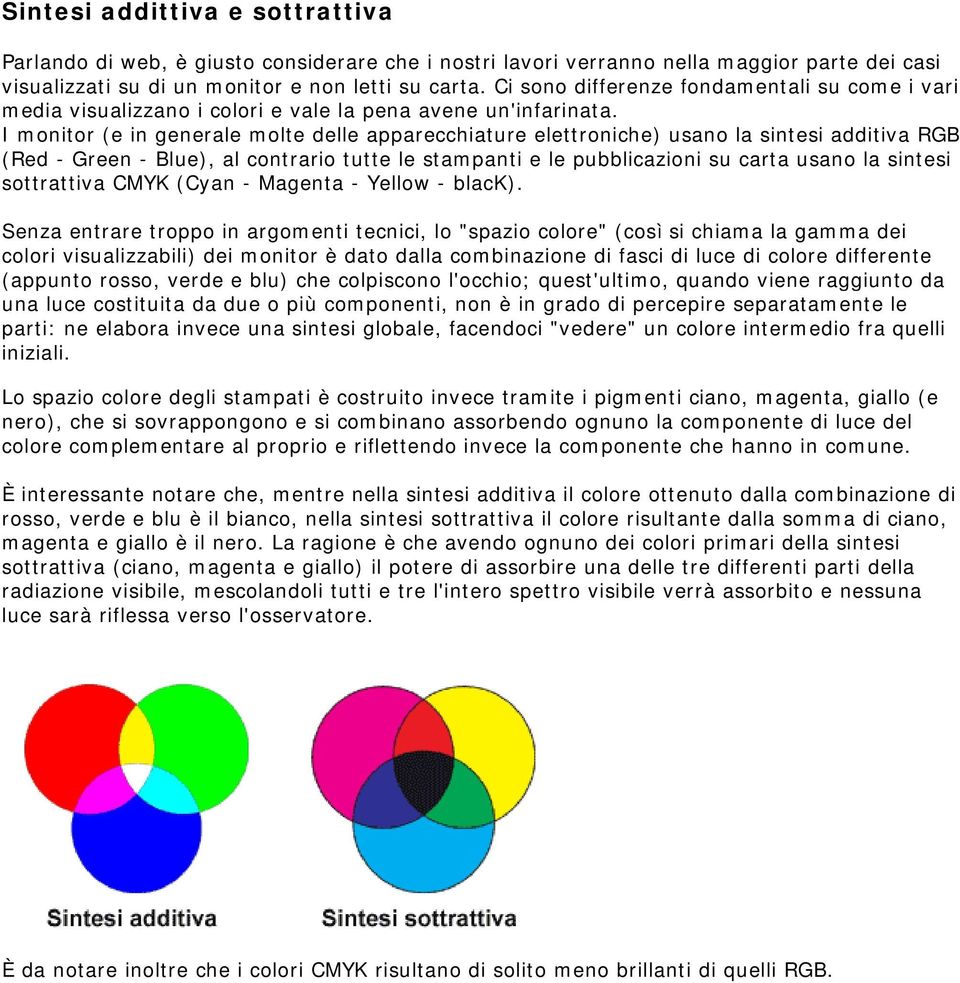 I monitor (e in generale molte delle apparecchiature elettroniche) usano la sintesi additiva RGB (Red - Green - Blue), al contrario tutte le stampanti e le pubblicazioni su carta usano la sintesi