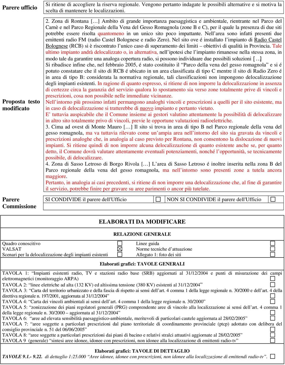 di due siti potrebbe essere risolta quantomeno in un unico sito poco impattante. Nell area sono infatti presenti due emittenti radio FM (radio Castel Bolognese e radio Zero).