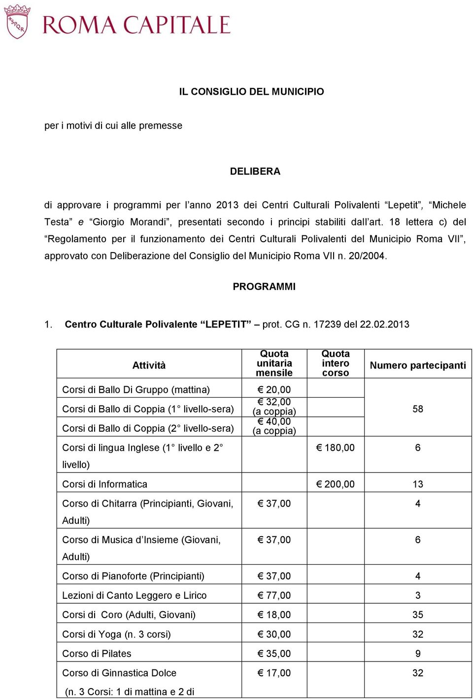 18 lettera c) del Regolamento per il funzionamento dei Centri Culturali Polivalenti del Municipio Roma VII, approvato con Deliberazione del Consiglio del Municipio Roma VII n. 20/2004. PROGRAMMI 1.