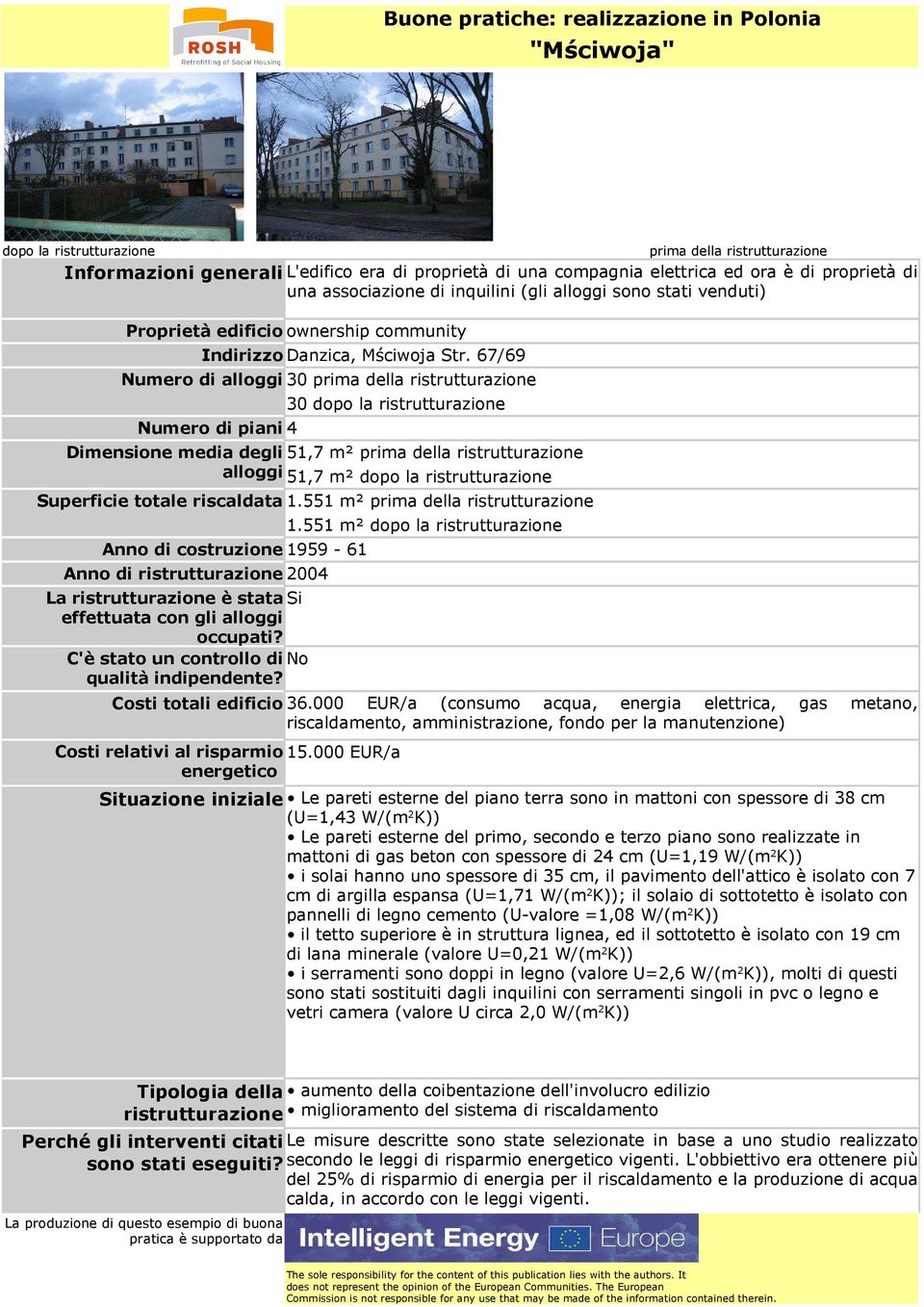 67/69 Numero di alloggi 30 prima della ristrutturazione Numero di piani 4 30 dopo la ristrutturazione Dimensione media degli 51,7 m² prima della ristrutturazione alloggi 51,7 m² dopo la