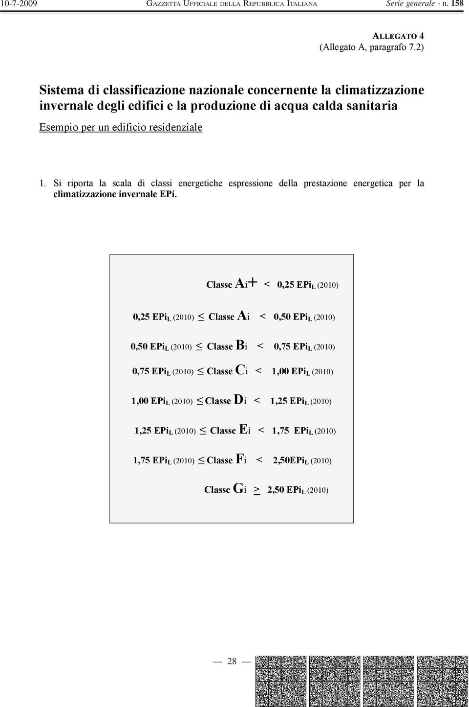 residenziale 1. Si riporta la scala di classi energetiche espressione della prestazione energetica per la climatizzazione invernale EPi.