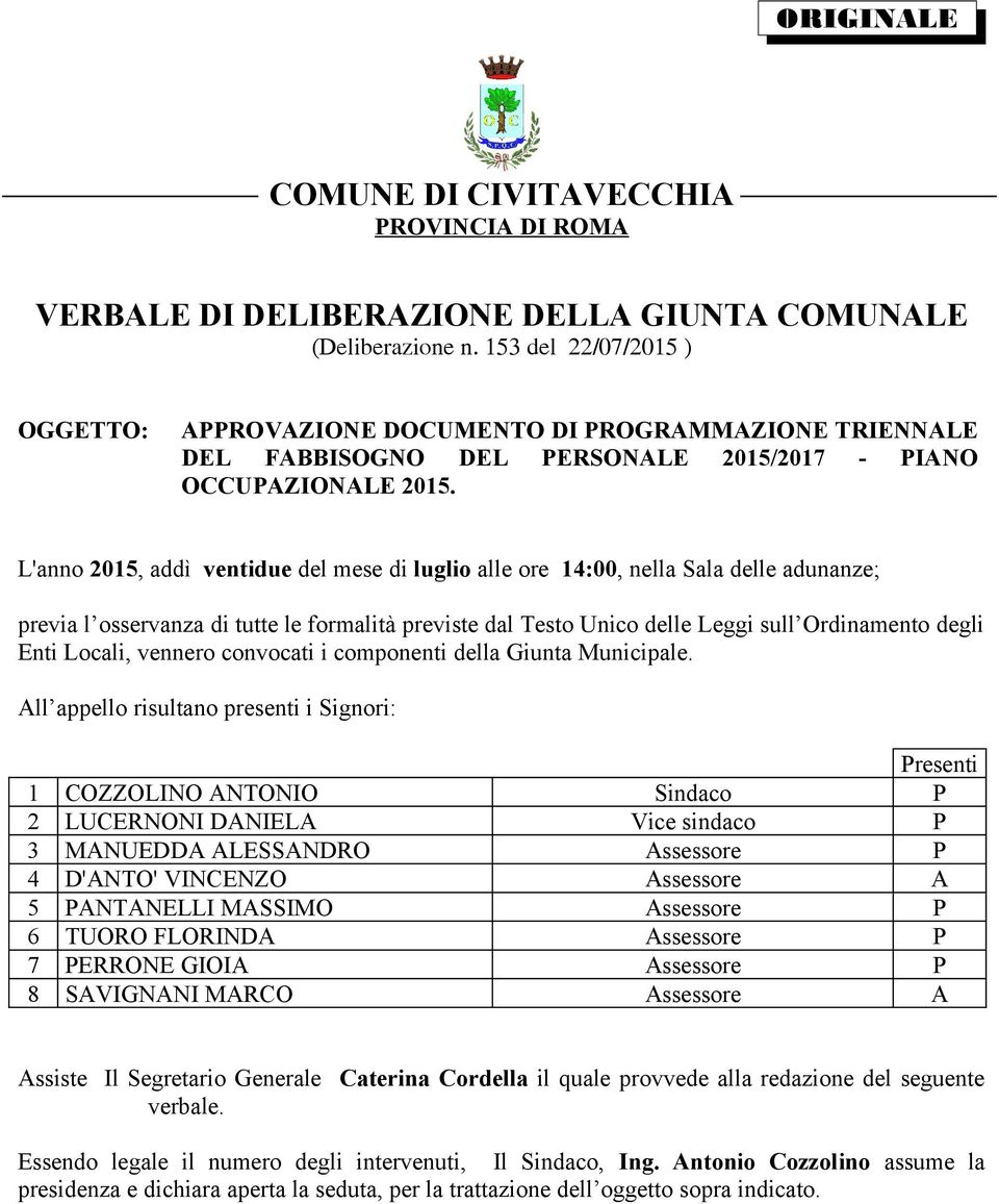 L'anno 2015, addì ventidue del mese di luglio alle ore 14:00, nella Sala delle adunanze; previa l osservanza di tutte le formalità previste dal Testo Unico delle Leggi sull Ordinamento degli Enti