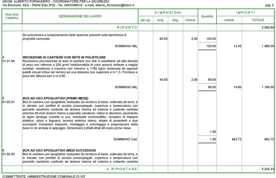 01.04 Recinzione provvisionale di aree di cantiere con rete in polietilene ad alta densità di peso non inferiore a 220 gr/m² indeformabile di color arancio brillante a maglie ovoidali, resistenza a