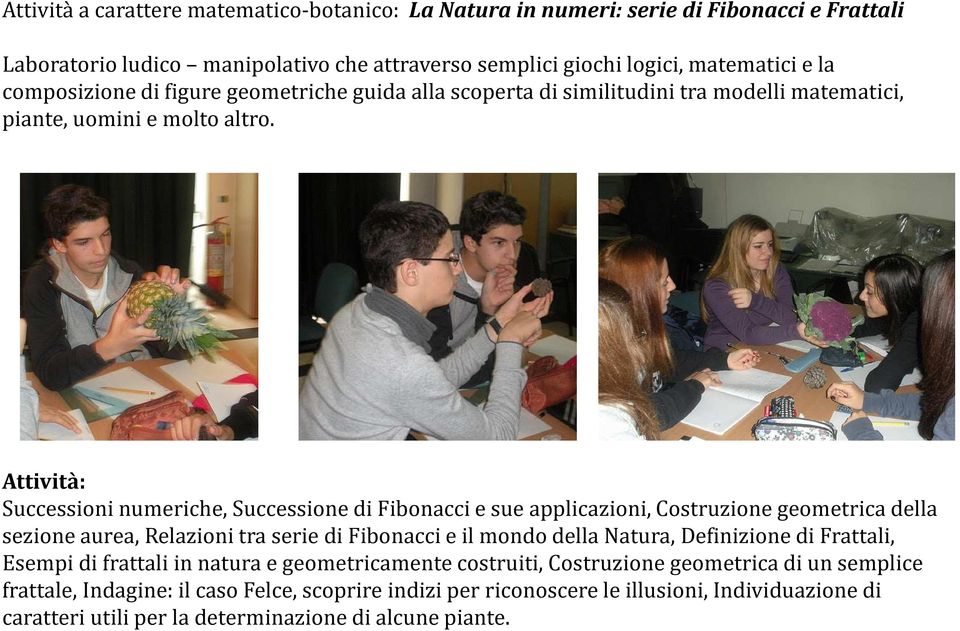 Attività: Successioni numeriche, Successione di Fibonacci e sue applicazioni, Costruzione geometrica della sezione aurea, Relazioni tra serie di Fibonacci e il mondo della Natura,