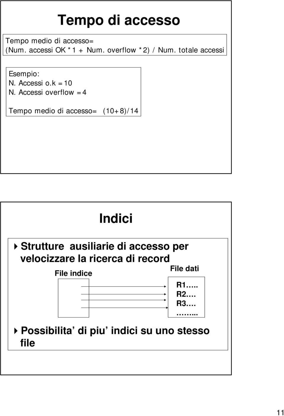 Accessi overflow =4 Tempo medio di accesso= (10+8)/14 Indici Strutture ausiliarie di