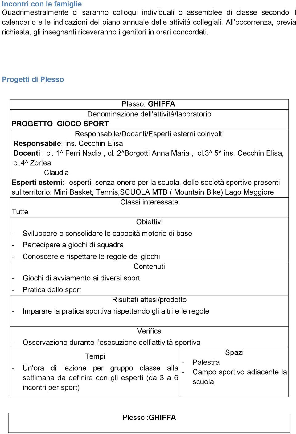 Progetti di Plesso Plesso: GHIFFA Denominazione dell attività/laboratorio PROGETTO GIOCO SPORT Responsabile/Docenti/Esperti esterni coinvolti Responsabile: ins. Cecchin Elisa Docenti : cl.