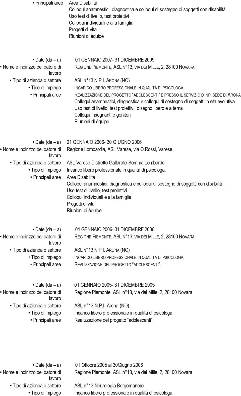 Principali aree REALIZZAZIONE DEL PROGETTO ADOLESCENTI E PRESSO IL SERVIZIO DI NPI SEDE DI ARONA Colloqui anamnestici, diagnostica e colloqui di sostegno di soggetti in età evolutiva Uso test di