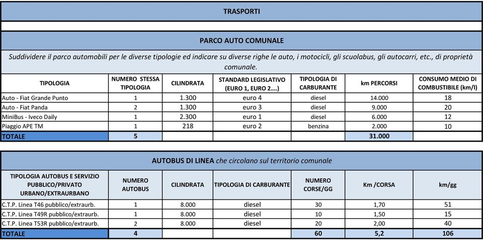 300 euro 4 diesel 14.000 18 Auto - Fiat Panda 2 1.300 euro 3 diesel 9.000 20 MiniBus - Iveco Daily 1 2.300 euro 1 diesel 6.000 12 Piaggio APE TM 1 218 euro 2 benzina 2.000 10 TOTALE 5 31.