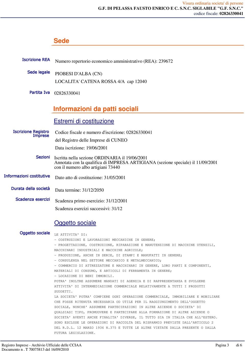 ORDINARIA il 19/06/2001 Annotata con la qualifica di IMPRESA ARTIGIANA (sezione speciale) il 11/09/2001 con il numero albo artigiani 73440 Informazioni costitutive Dato atto di costituzione: