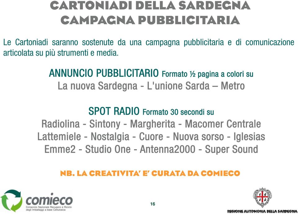 ANNUNCIO PUBBLICITARIO Formato ½ pagina a colori su La nuova Sardegna - L'unione Sarda Metro SPOT RADIO Formato 30 secondi