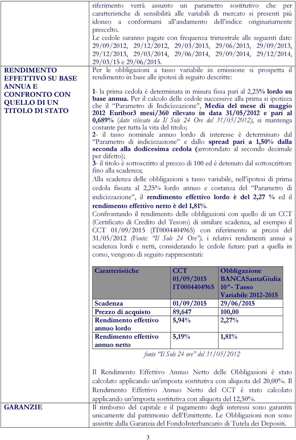 Le cedole saranno pagate con frequenza trimestrale alle seguenti date: 29/09/2012, 29/12/2012, 29/03/2013, 29/06/2013, 29/09/2013, 29/12/2013, 29/03/2014, 29/06/2014, 29/09/2014, 29/12/2014, 29/03/15