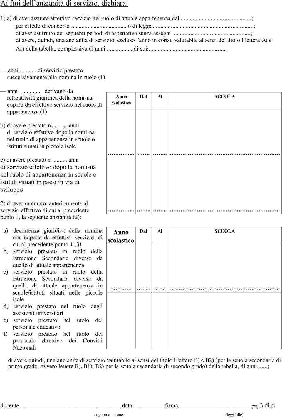 ..; di avere, quindi, una anzianità di servizio, escluso l'anno in corso, valutabile ai sensi del titolo I lettera A) e A1) della tabella, complessiva di anni.