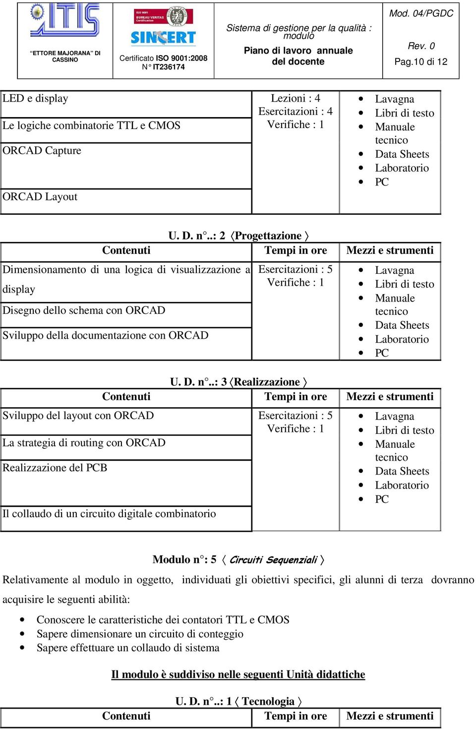 .: 3 Realizzazione Sviluppo del layout con ORCAD Esercitazioni : 5 La strategia di routing con ORCAD Realizzazione del PCB Il collaudo di un circuito digitale combinatorio Modulo n : 5 Circuiti