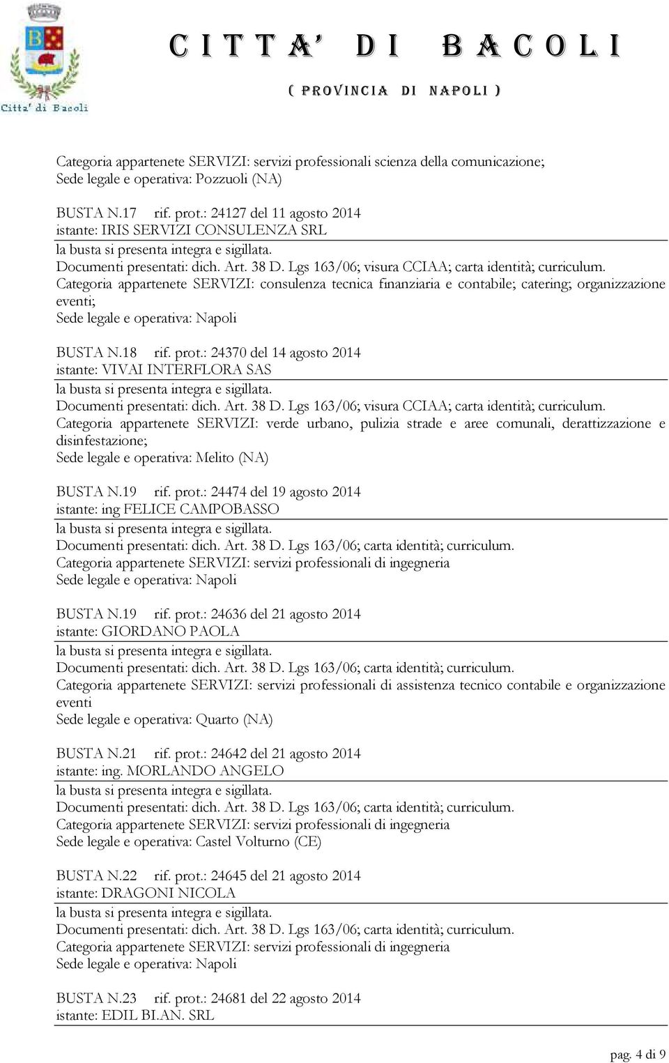 : 24370 del 14 agosto 2014 istante: VIVAI INTERFLORA SAS Categoria appartenete SERVIZI: verde urbano, pulizia strade e aree comunali, derattizzazione e disinfestazione; Sede legale e operativa: