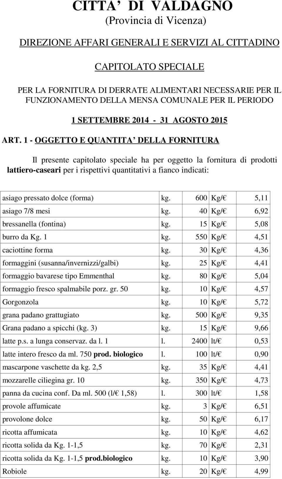 1 - OGGETTO E QUANTITA DELLA FORNITURA Il presente capitolato speciale ha per oggetto la fornitura di prodotti lattiero-caseari per i rispettivi quantitativi a fianco indicati: asiago pressato dolce