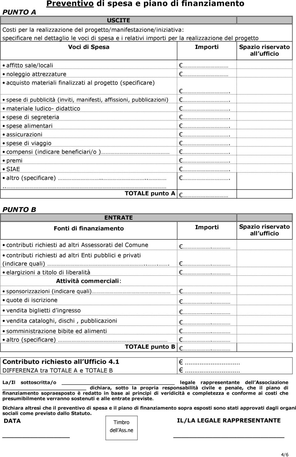 (inviti, manifesti, affissioni, pubblicazioni) materiale ludico- didattico spese di segreteria spese alimentari assicurazioni spese di viaggio compensi (indicare beneficiari/o ) premi SIAE altro