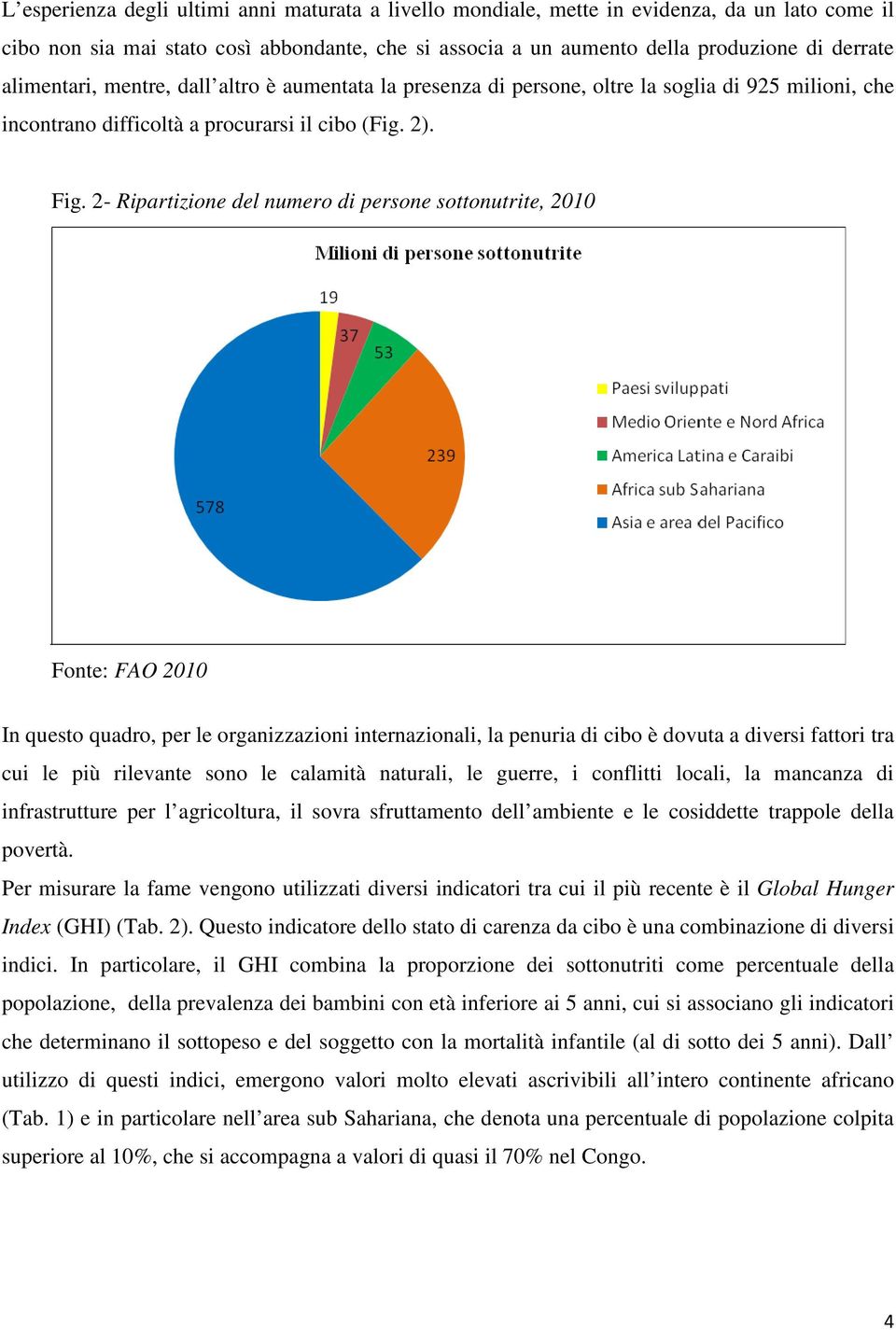 2- Ripartizione del numero di persone sottonutrite, 2010 Fonte: FAO 2010 In questo quadro, per le organizzazioni internazionali, la penuria di cibo è dovuta a diversi fattori tra cui le più rilevante