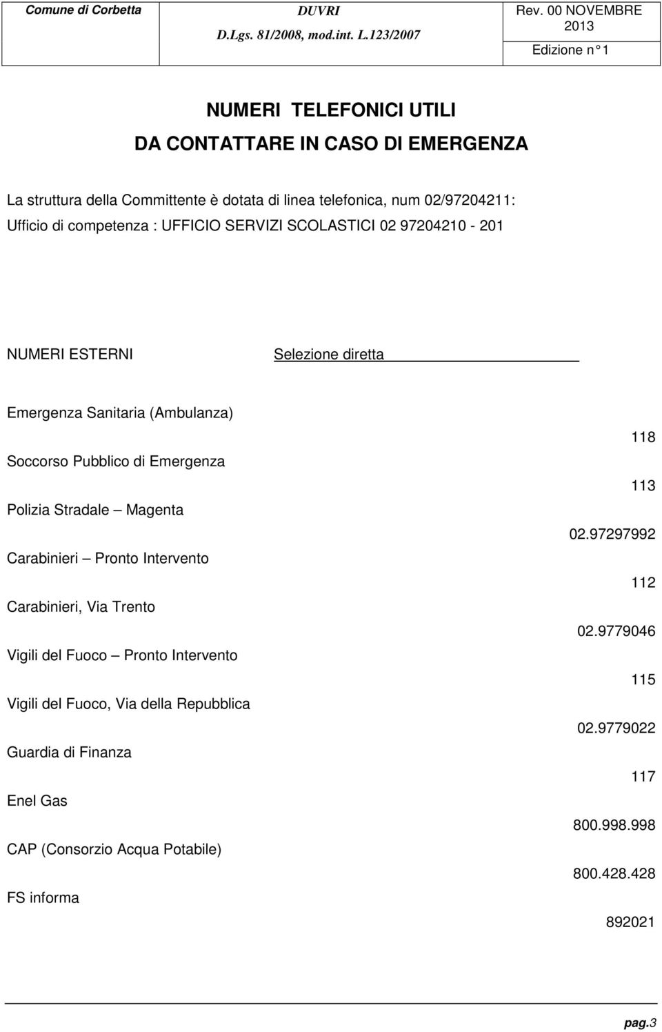 Polizia Stradale Magenta Carabinieri Pronto Intervento Carabinieri, Via Trento Vigili del Fuoco Pronto Intervento Vigili del Fuoco, Via della Repubblica