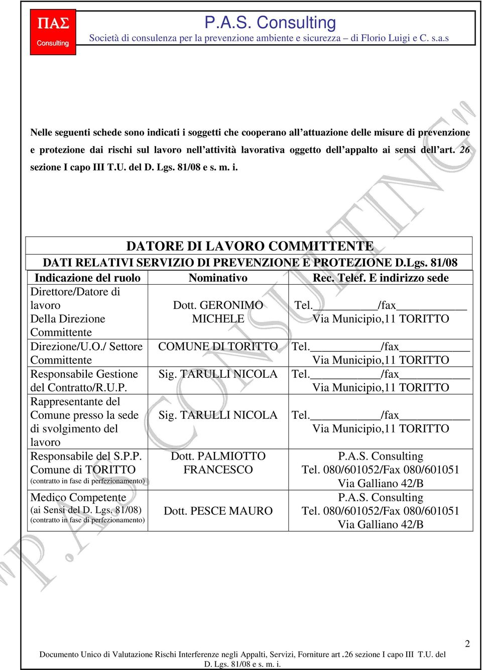 E indirizzo sede Direttore/Datore di lavoro Della Direzione Committente Direzione/U.O./ Settore Committente Responsabile Gestione del Contratto/R.U.P.