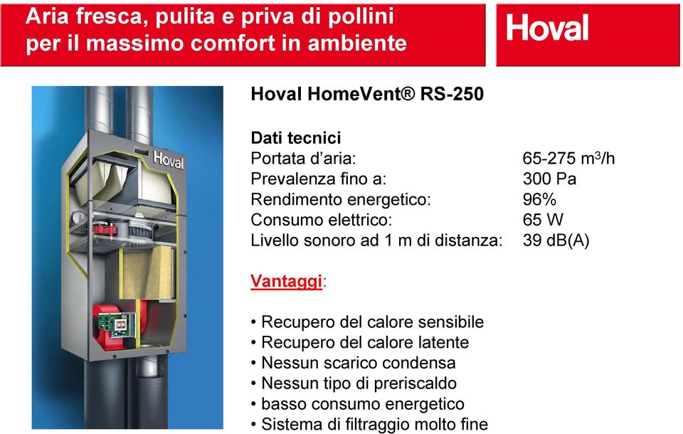 Livello sonoro ad 1 m di distanza: 39 db(a) Vantaggi: Recupero del calore sensibile Recupero del calore